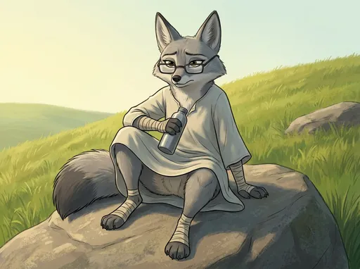 Prompt: kung fu panda style, Dream works Animation, high quality, kung fu panda 4, Illustration, Zhen Is Wearing A Night Gown, Furry Anthro Zhen, Grey Corsac Fox, Zhen Is Sitting Back On A Rock On A Hill Surrounded By Grass, Zhen's Left Leg Is Up In The Air And The Left Knee Is Bent Downward Though as Her Left Foot Is Flat On The Surface, Zhen is Holding Her water bottle With Her Right Forepaw While She Also Has Her Left Forepaw On The Rock Holding Herself Up, Wind in very gusty as the wind is blowing Zhen's Night Gown Around A Little, Directly In Front Of Zhen, Up Close View, Zhen Has No Pants On, It's A Sunny Afternoon, Zhen Zhen Is Lost In Deep Though And Has A Look Of Discouragement On Her Face, Both Feet And Forepaws Are Still Wrapped Up In Linen, You Can See Zhen's Under Belly Too, Zhen Has Some Rectangle Reading Glasses On Too