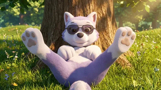 Prompt: paw patrol style, Everest Laying back against a tree,  her back legs spread apart, Camera view from In Front Of Everest, Everest Sunbathing, Everest has no vest on, Everest Wearing Sun glasses, Everest Lifting Her Hind Feet Up In The Air