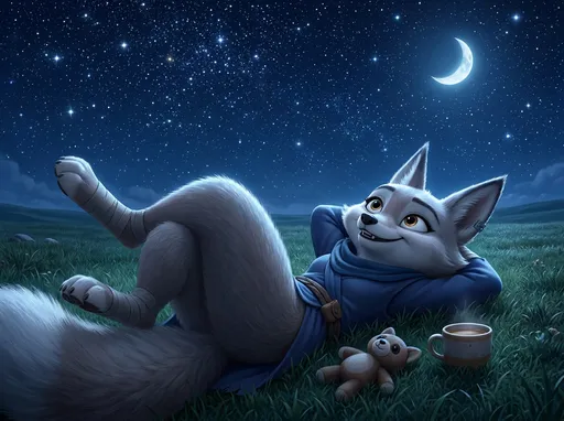 Prompt: kung fu panda style, Dream works Animation, high quality, kung fu panda 4, Illustration, Furry Anthro Zhen, Corsac Fox, Zhen is Laying Back On Her Back Outside Under The Night Stars In An Open Field, Her Legs Spread Apart, Camera view from Directly In Front Of Zhen, Ground View In Front Of Her Legs, She Has Her Stuffed Animal Next To Her Too,  Her Legs Bent Upwards Too, She Has Her Forepaws Resting Behind Her Head, Zhen  Is Looking Up At The Stars and has A Drink next to her, Zhen Has A Small, Warm Smile On Her Face, No Pants ,
