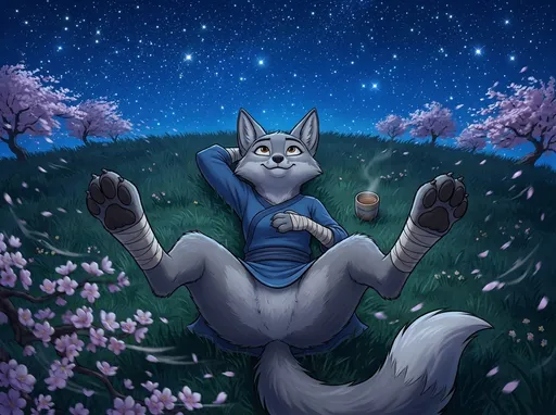 Prompt: kung fu panda style, Dream works Animation, high quality, kung fu panda 4, Illustration, Furry Anthro Zhen, Grey Corsac Fox, Zhen is Laying Back On The Grass Outside Under The Night Stars In An Open Field, Her Legs Spread Apart And Bent Upwards, Camera view from Directly Above Zhen, Ground View In In Between Her Legs, Her Legs Bent Upwards Too, Zhen has A Drink next to her, Zhen Has A Small, Warm Smile On Her Face and Looking Up At The Stars, No Pants , You Can See Zhen's Belly Too, the Wind is Very Windy Too, Flower Trees Are Blowing In The Wind Too! Zhen Has One Forepaw Resting Behind Her Head and the other Forepaw resting on her chest