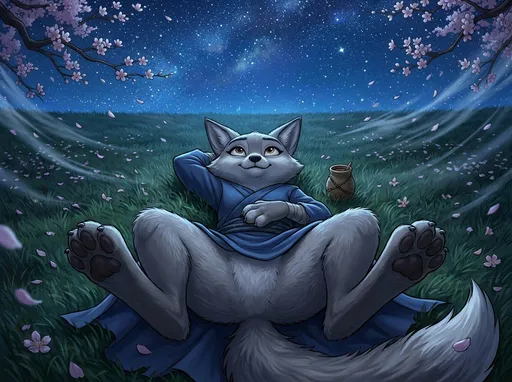 Prompt: kung fu panda style, Dream works Animation, high quality, kung fu panda 4, Illustration, Furry Anthro Zhen, Grey Corsac Fox, Zhen is Laying Back On The Grass Outside Under The Night Stars In An Open Field, Her Legs Spread Apart And Bent Upwards, Camera view from Directly Above Zhen, Ground View In In Between Her Legs, Her Legs Bent Upwards Too, Zhen has A Drink next to her, Zhen Has A Small, Warm Smile On Her Face and Looking Up At The Stars, No Pants , You Can See Zhen's Belly Too, the Wind is Very Windy Too, Flower Trees Are Blowing In The Wind Too! Zhen Has One Forepaw Resting Behind Her Head and the other Forepaw resting on her chest