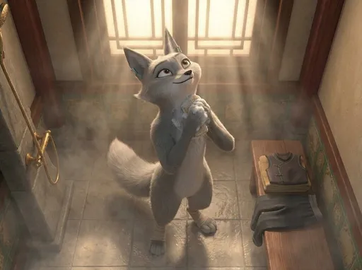 Prompt: kung fu panda style, Dream works Animation, high quality, kung fu panda 4, Furry Anthro Zhen, Zhen is Standing In Her Shower Taking A Shower In Her Bathroom, Her Head Is Tilted Upwards As She Is Washing Her Neck With A Soapy Wash Cloth, Sun Shining Through Her Window, Camera view from Directly Below Zhen, Looking Up At Zhen, No Pants, Zhen Has A Soft Smile, Her Outfit Clothes laying Next To The Shower, Her Feet Are Still Taped Up Too, Bathroom Is A Bit Steamy Too