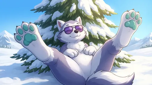 Prompt: paw patrol style, Everest Laying back against a tree,  her back legs spread apart, Camera view from In Front Of Everest, Everest Sunbathing, Everest has no vest on, Everest Wearing Sun glasses, Everest Lifting Her Hind Feet Up In The Air