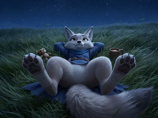 Prompt: kung fu panda style, Dream works Animation, high quality, kung fu panda 4, Furry Anthro Zhen, Corsac Fox, Zhen is Laying Back On Her Back Outside Under The Night Stars In An Open Field, Her Legs Spread Apart, Camera view from Directly In Front Of Zhen, Ground View In Front Of Her Legs, She Has Her Stuffed Animal Next To Her Too,  Her Legs Bent Upwards Too, She Has Her Forepaws Resting Behind Her Head, Zhen  Is Looking Up At The Stars and has A Drink next to her, Zhen Has A Small, Warm Smile On Her Face, No Pants , You Can See Zhen's Belly Too, the Wind is Very Windy Too