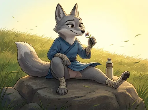 Prompt: kung fu panda style, Dream works Animation, high quality, kung fu panda 4, Illustration, Furry Anthro Zhen, Grey Corsac Fox, Zhen Is Sitting On A Rock On A Hill Surrounded By Grass , Zhen's Legs Are Spread Apart With Her Left Leg Lifted Up And Left Knee Bent Downward With Her Left Foot On The Ground, Zhen Is just enjoying herself, Zhen has a water bottle sitting next to her, And Zhen Is Holding A Flower With Her Right Forepaw Smelling The flower While Her Left Forepaw is Just Resting On Her Left Knee, Wind in very gusty as the wind is blowing Zhen's Outfit Around A Little, Directly In Front Of Zhen, Up Close View, Zhen Has No Pants On, It's A Sunny Afternoon, Zhen Has A Soft Warm Smile On Her Face, Both Feet And Forepaws Are Still Wrapped Up, You Can See A Little Bit Of Zhen's Lower Belly Too,