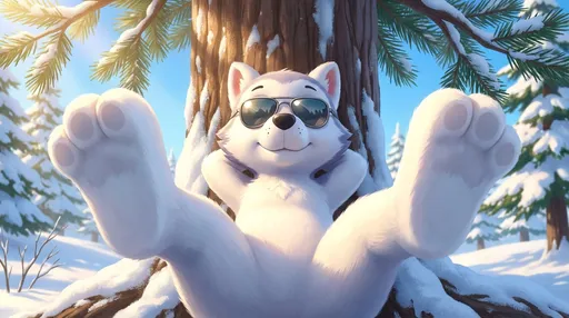 Prompt: paw patrol style, Everest Laying back against a tree,  her back legs spread apart, Camera view from In Front Of Everest, Everest Sunbathing, Everest has no vest on, Everest Wearing Sun glasses, Everest Lifting Her Hind Feet Up In The Air