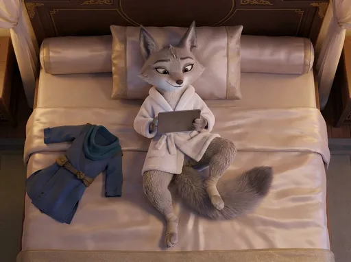 Prompt: kung fu panda style, Dream works Animation, high quality, kung fu panda 4, 3D Render, Furry Anthro Zhen, Grey Corsac Fox, Zhen Is Wearing A Small Bath Robe As She is Laying Back On Her Bed In Her Bedroom at the Jade Palace, Camera view from Above Directly In Front Of Zhen, Zhen Is On Her Tablet Reading, Zhen's  Legs Spread Apart With Both Knees Bent Upwards And Both Feet Down On the Bed, Zhen Has A Small, Warm Smile, Zhen's Legs and Face Is Also Slightly Damp, Zhen's Feet Are Taped Still As Well, Her Clothes Are Laying On Her Bed Too