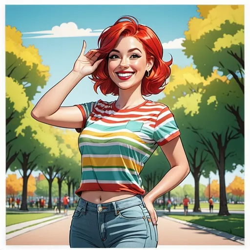Prompt: Graphic novel style, colored, cartoon style portrait of a woman with very big smile , full body view, long nose ,  short red hair with undercut , waving hand , park scene , sunny day , short colorful t-shirt with stripes , showing her belly button 