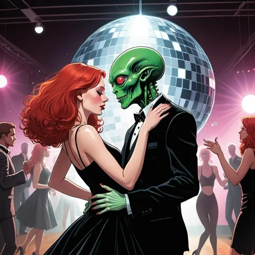 Prompt: Image of y redheaded woman in black dress dancing romantically with an alien in a dance hall, Disco Ball   night scene,  graphic novel style 