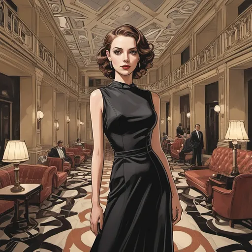 Prompt: M.c.escher style,  Graphic novel style, Vector art, color,  woman , black dress , glamorous hotel lobby , 