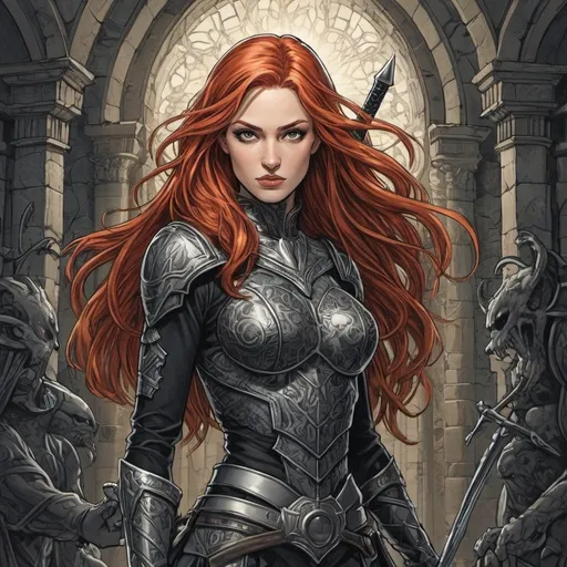 Prompt: M.c.Escher , Graphic novel style,  vector art style, Beautiful 45-years-old redheaded woman with long nose, braided hair ,very diabolic smile , in comic book style, sword , monsters in background, very long and extreme straight hair, black shiny patterned armor, medieval setting, dynamic pose, high-quality illustration, detailed comic book style, escher style , gritty texture, intense atmosphere, dynamic pose, comic book style, detailed, high quality, dark lighting