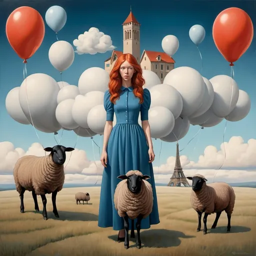 Prompt: Surrealism , colored, Meredith Frampton inspired,  clouds  , black sheep standing on ground , balloons,   a tower in clouds, 40-years-old redheaded woman in blue dress with mirror in hand , long and extreme straight hair 