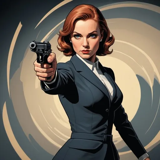 Prompt: Female James Bond in classic pose holding a gun, graphic novel style, M.C. Escher inspired, explosive background, vector art, high-quality, high-res, comic book, dynamic composition, action-packed, film noir lighting, vibrant colors, intricate details, retro-futuristic, stylish, sleek design, bold lines, intense perspective, espionage, spy thriller, impactful shadows, dramatic angles