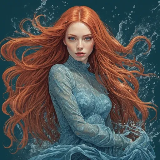 Prompt: Grapgic novel style , digital vector style, colored,  A redheaded woman in a dress completely made of water , long and extreme staight hair, blue background , detailed , M.c.escher 
