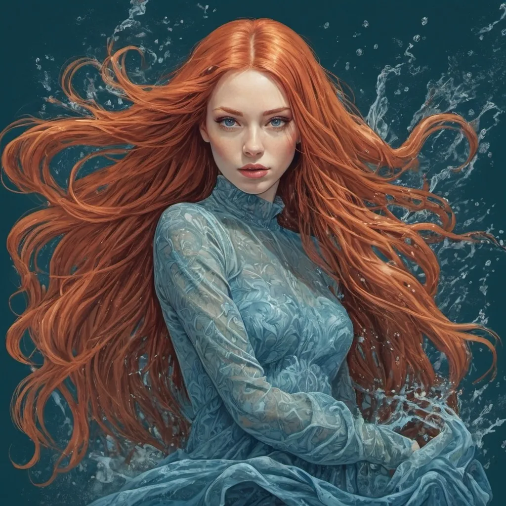 Prompt: Grapgic novel style , digital vector style, colored,  A redheaded woman in a dress completely made of water , long and extreme staight hair, blue background , detailed , M.c.escher 
