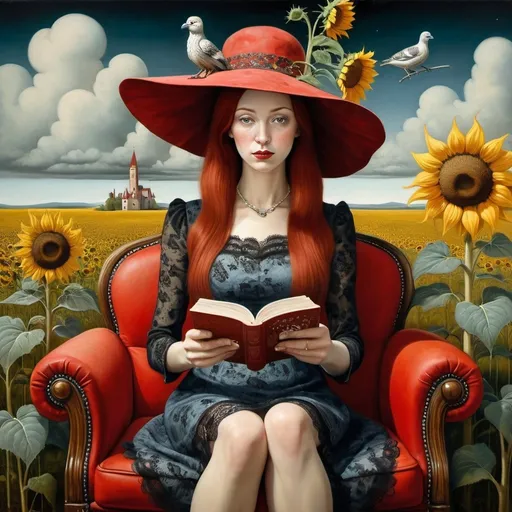 Prompt: Surrealistic oil painting , she is sitting on a fancy red couch in a sunflower field , she reads a book in her hands, hat with a wide round brim, redheaded 40-year-old woman with a lace dress with flower patterns ,  long and extreme straight hair , clouds ,  one single black sheep , tower , trees , Contemporary Surrealism, Catrin Welz-Stein, Thomas Dodd, Andrea Kowch, Salvador Dali , M.C.Escher