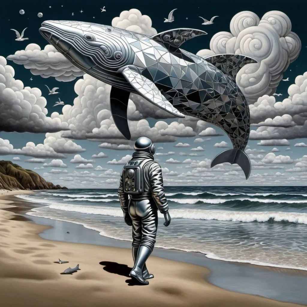 Prompt: M.c.escher style, metalic  spaceman on beach , clouds , whale