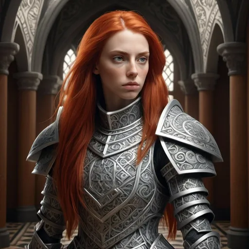 Prompt: A woman in a M.C. Escher-inspired 3D rendering  patterned  armor, long and extreme straight red hair, shield and sword , ancient knight hall,  intricate,  surreal lighting, high definition, detailed features, surrealism, 3D rendering, beauty, surreal lighting, high definition