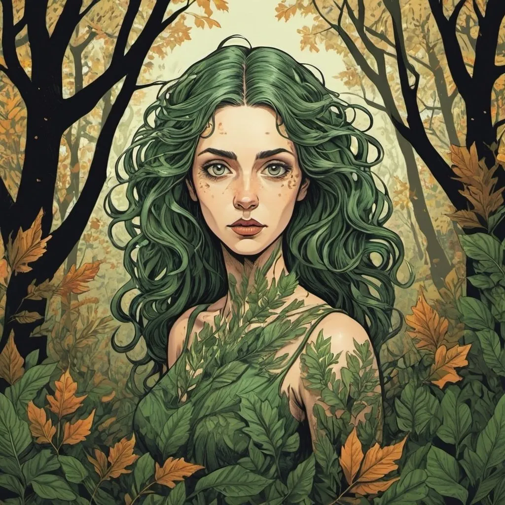 Prompt: M.c.escher style,  Graphic novel style, Vector art, color, a forest witch , leafs and gras in hair 