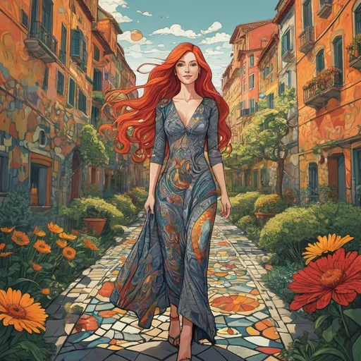 Prompt: (vector style), (colorful graphic novel style), (full body of a 30-year-old woman), alluring smile, long extreme straight red hair, intricate patterns inspired by Hundertwasser and M.C. Escher, wearing a stylish floating dress with interesting contours, citytreet,  sun shine , flowers , trees , surreal geometric elements in the background, vibrant colors, dynamic composition, whimsical atmosphere, (highly detailed), eye-catching design.