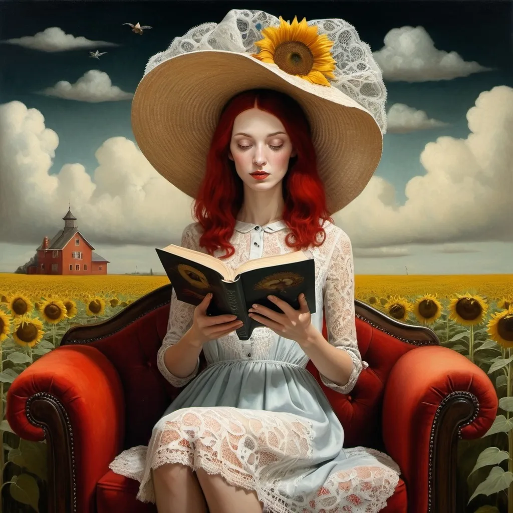 Prompt: Surrealistic oil painting , she is sitting on a fancy red couch in a sunflower field , she reads a book in her hands, hat with a wide round brim, redheaded 40-year-old woman with a lace dress with flower patterns, long and extreme straight hair , clouds ,  one single black sheep , tower , Contemporary Surrealism, Catrin Welz-Stein, Thomas Dodd, Andrea Kowch, Salvador Dali