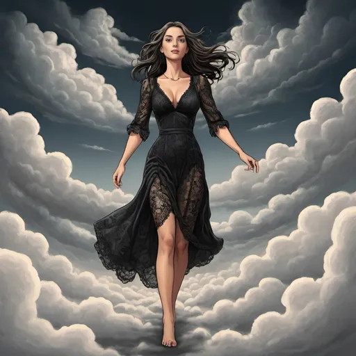 Prompt: Will Eisner-style,  Graphic novel illustration, color , graphic novel style,  vector style,  a beautiful  30-year-old woman in black lace  dress walking on clouds , full body , head to toe , cleavage,  neclace , barefoot  , long and extreme straight hair, m.c.escher 