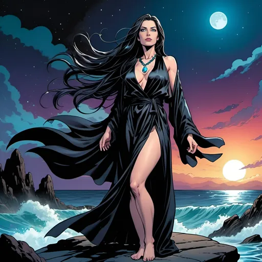 Prompt: A 35-year-old woman in exquisite black robe standing on a rock , very long and extreme straight hair , neclace , waves , water , looking to camera,  night sky , vibrant comic book illustration, high quality, graphic novel, dynamic pose, flowing fabric, detailed background, vibrant colors, atmospheric lighting