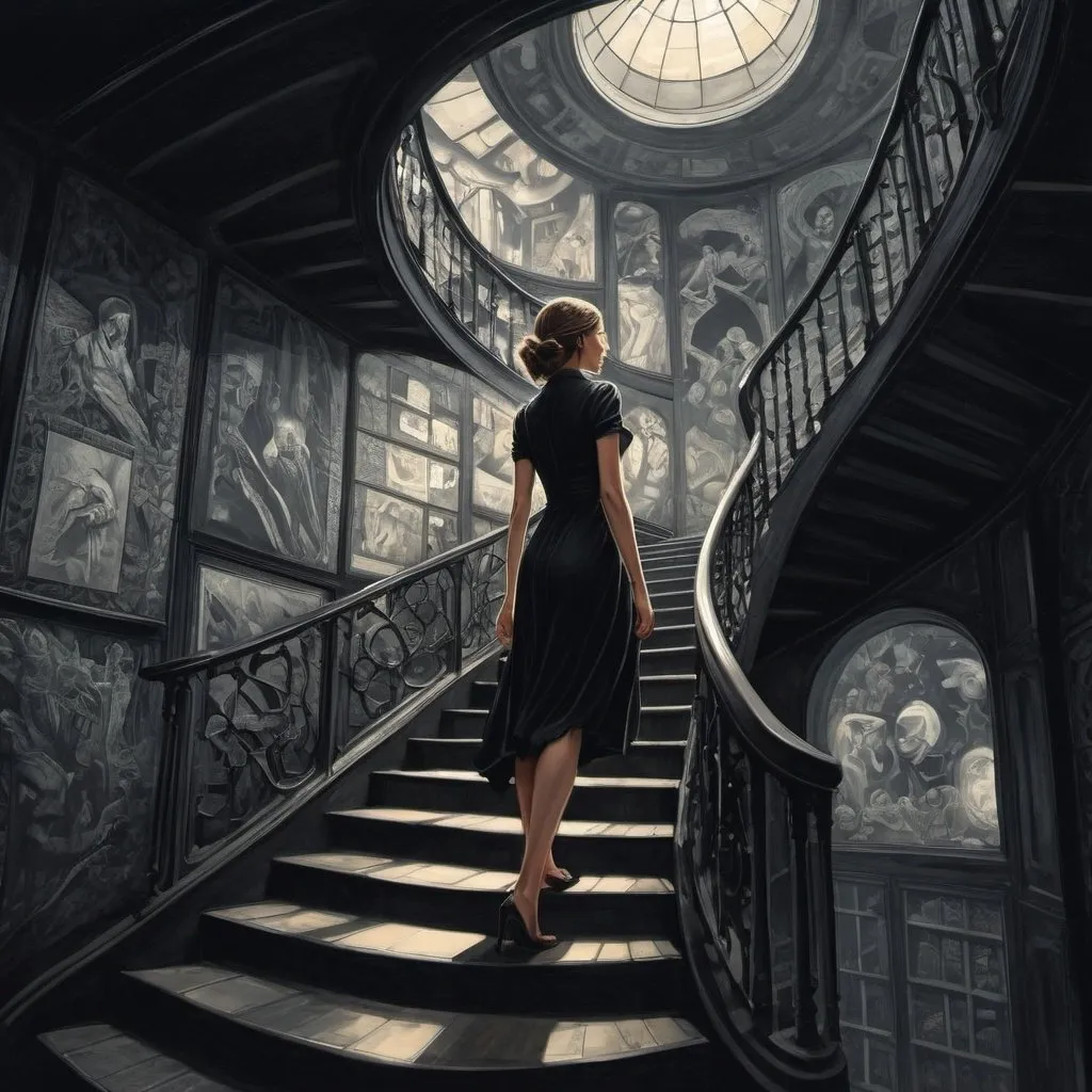 Prompt: M.C. Escher-style, graphic novel style , infinite space with a woman in black dress, walking down the stairs, looking towards camera, stairs,  colored, professional, detailed woman, extreme surreal, infinite perspective, atmospheric lighting