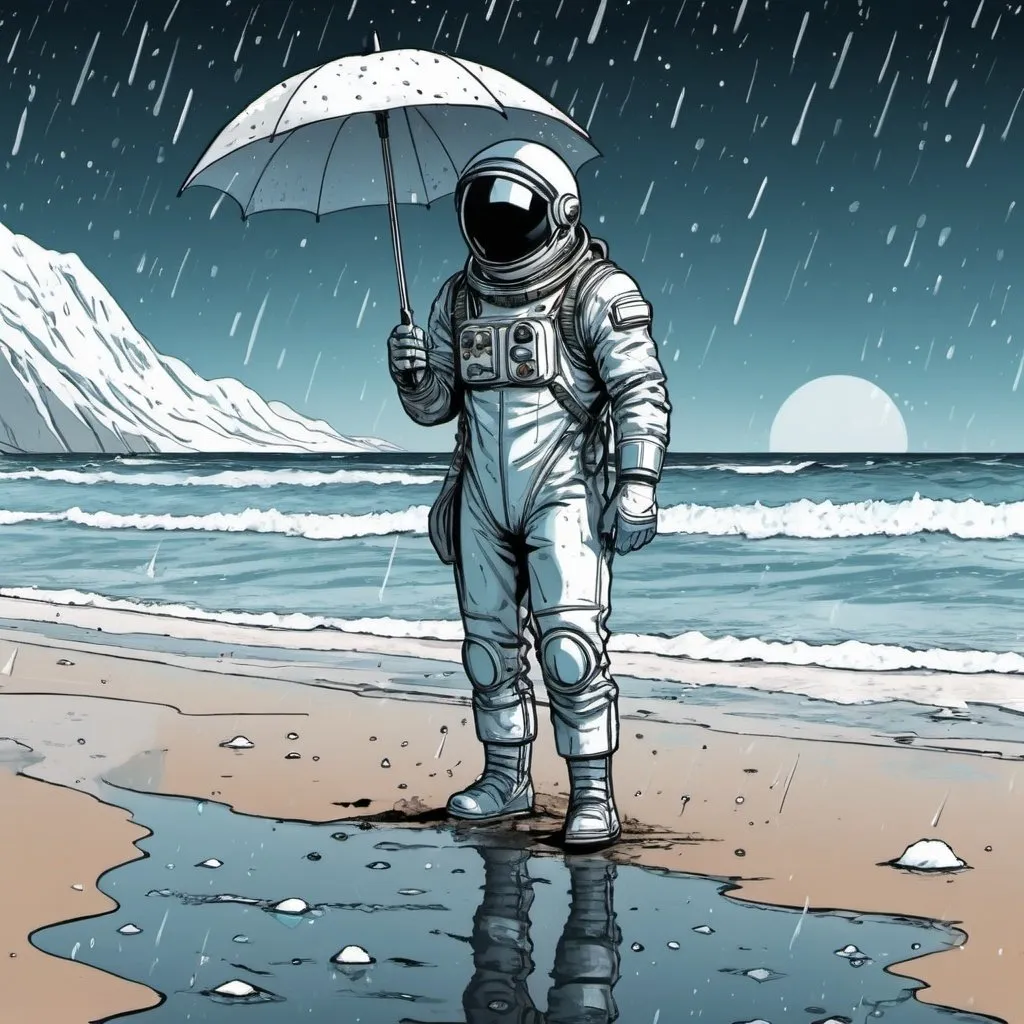 Prompt: Graphic novel  style,  vektor style , spaceman on beach , raining ice