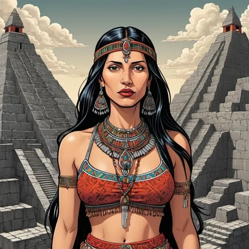 Prompt: M.C. Escher-style colored graphic novel illustration of a 45-year-old  inca woman with long and straight black hair, featuring an Inca tattoo, standing on top of an inca Pyramide,  red lips ,  depicted from a front view, head to toe, barefoot, adorned with a necklace and bracelet, distinctive long nose, high quality, graphic novel style, M.C. Escher, night scenery, detailed features, exotic, alluring lighting