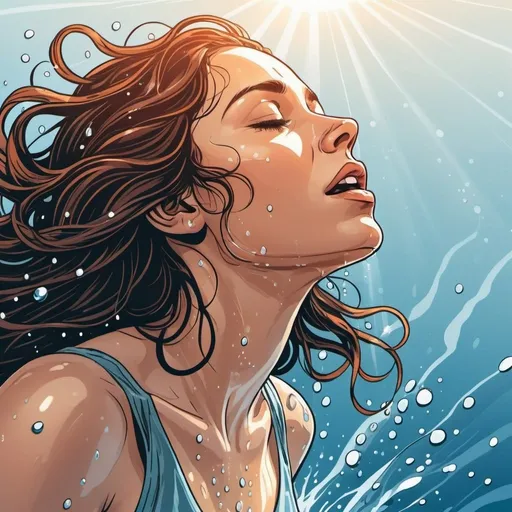 Prompt: Graphic novel style, vector art, 
a woman emerging from water, taking a deep breath , radiant sunlight filtering through the surface, detailed water droplets on skin, flowing hair