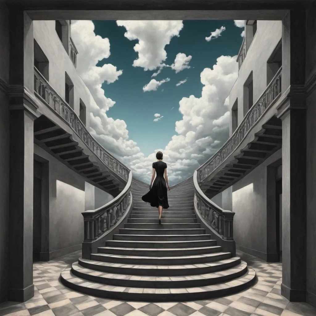 Prompt:  M.c.escher style , colored , infinite hall  with a woman in black dress , walking down the stairs , looking to camera,  stairs,  sky , clouds
