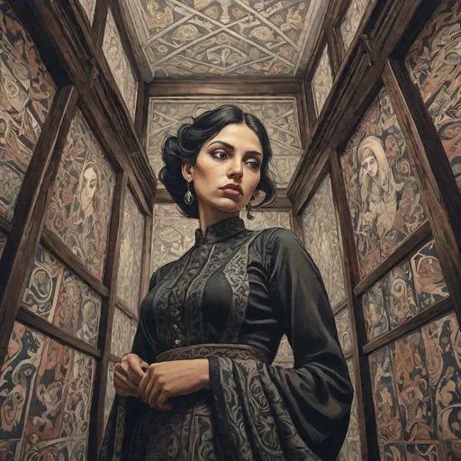 Prompt: style of M.c.escher , colored, four stories high , a peruvian woman , proud face expression,  art nouveau wallpaper, dark and stormy atmosphere, gothic woman posing