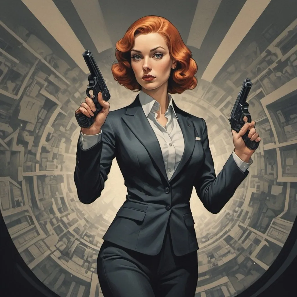 Prompt: M.c.Escher inspired, graphic novelstyle , color, a female James bond in james-bond-pose wirh gun 