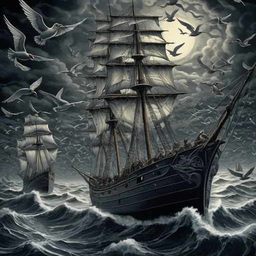 Prompt: M.C. Escher-style, birds circling sailships , ses battle ,  art nouveau wallpaper, dark and stormy atmosphere, night, detailed, highres, dark tones, stormy lighting, intricate details, surreal, intense gaze