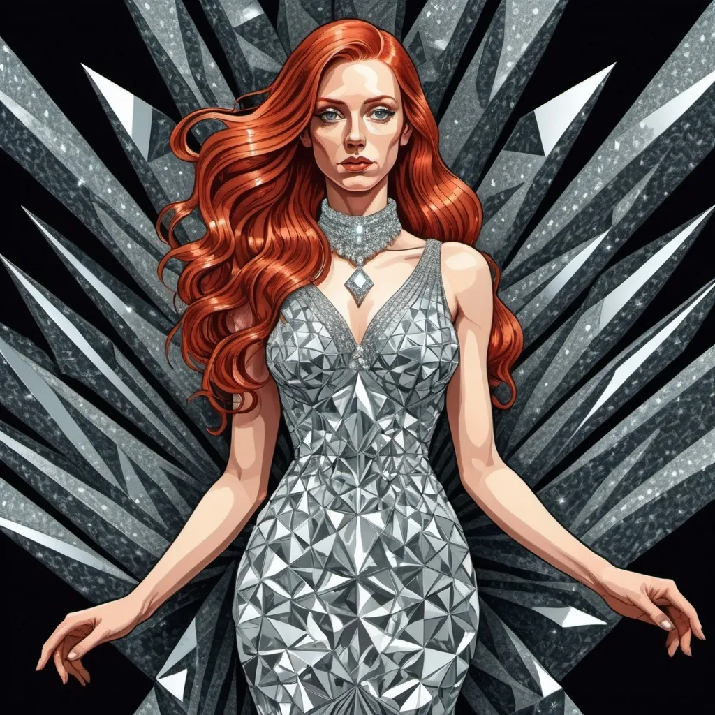 Prompt: Grapgic novel style , digital vector style, colored,  A redheaded woman in a dress completely made of diamonds , long and extreme staight hair,posing on a stage , detailed , M.c.escher 
