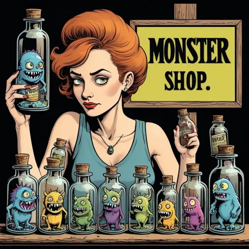 Prompt: Graphic novel style, vector art style, will eisner style,  colored , a woman with  tiny sweet monsters in bottles , a sign with Text 'monster shop'