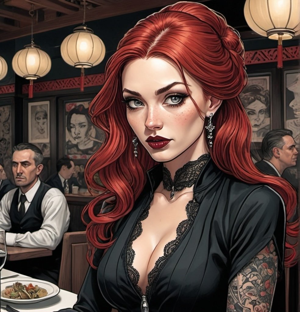 Prompt: M.c.escher-style , cartoon graphic novel,  a 45-year-old beautiful redheaded woman , chinese Restaurant,  tattoo , sword , scarface , long and extreme straight  hair , neclace ,  earrings , with a wide round brim,  black lace dress with white dots , long black jacket , pleated skirt , extreme red lips , very long eyelashes  , white face with dark Make-up , intense facial expressions,  Long nose, very diabolic smile ,  Dark eye shadows (black Color), full Body, head to toe , detailed facial features, high contrast, vintage comic style, dark and moody colors, detailed lace, professional, expressive eyes, atmospheric lighting,  detailed, dark colors, dramatic