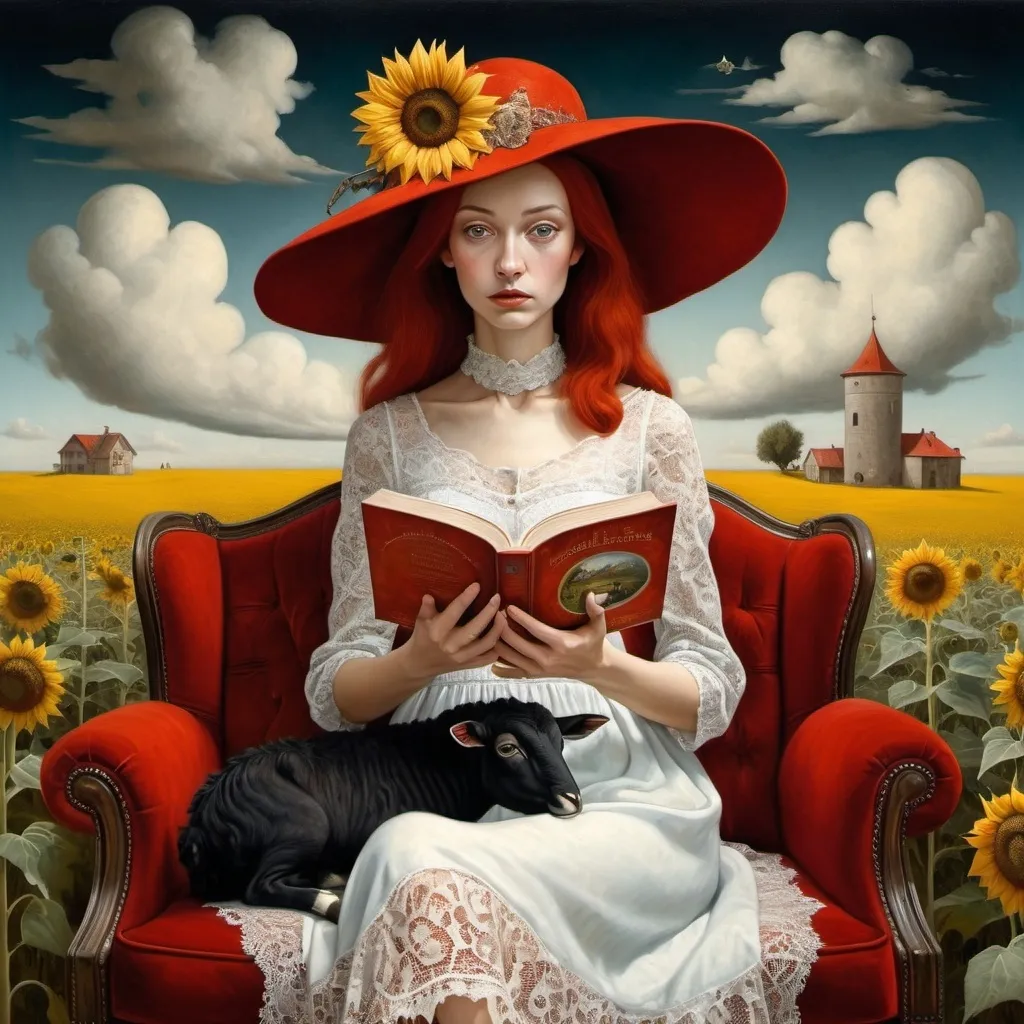 Prompt: Surrealistic oil painting , she is sitting on a fancy red couch in a sunflower field , she reads a book in her hands, hat with a wide round brim, redheaded 40-year-old woman with a lace dress with flower patterns ,  long and extreme straight hair , clouds ,  one single black sheep , tower , Contemporary Surrealism, Catrin Welz-Stein, Thomas Dodd, Andrea Kowch, Salvador Dali , M.C.Escher