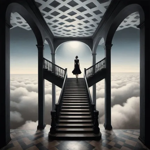Prompt: M.C. Escher-style,  infinite hall with a woman in black dress, walking down the stairs, looking towards camera, stairs, sky, clouds, colored, foggy , professional, detailed woman, surreal, infinite perspective, atmospheric lighting