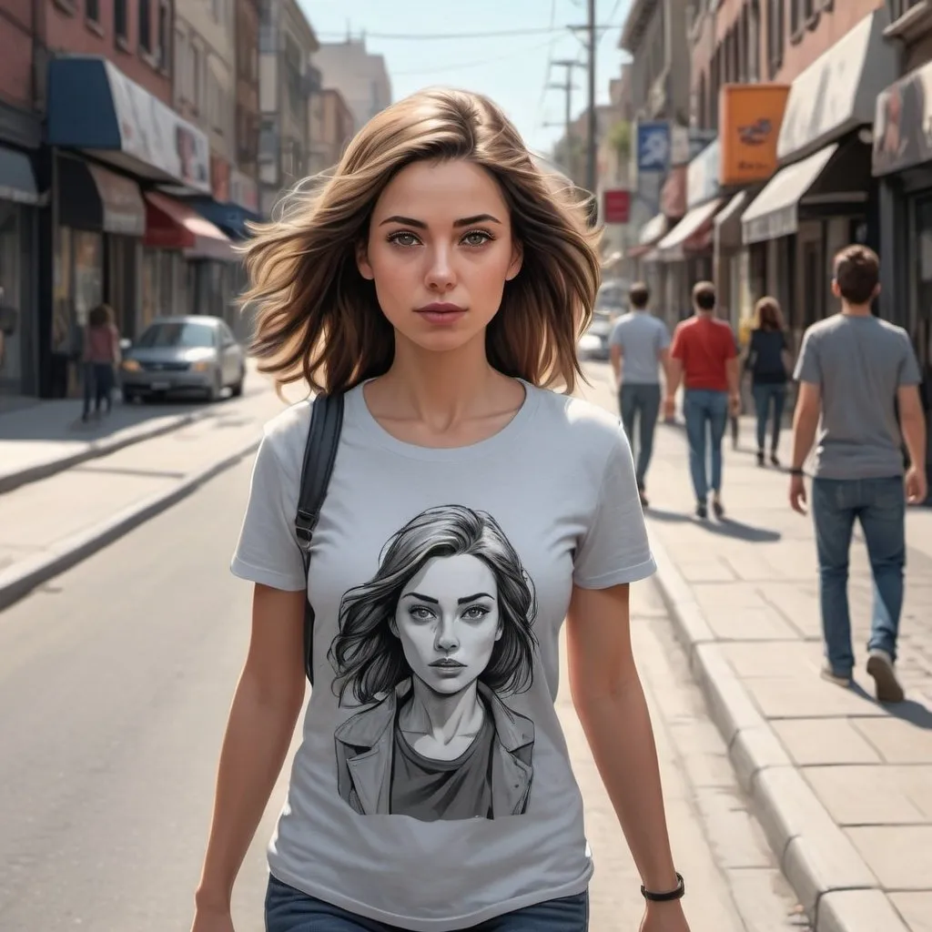 Prompt: A realistic image of  a woman walking in the street . On her t-shirt a graphic novel illustration of herself walking in the street . On the graphic novel illustration a picture of her walking in the street. 