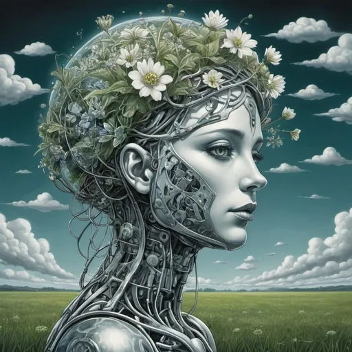 Prompt: M.c.escher style,  a monochrome silver colored robot woman with gras and flowers in head in a infinite green field , clouds   blue sky