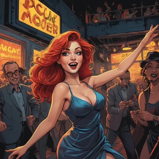 Prompt: Will eisner style,  Graphic novel-style, vector style 
, wild redheaded woman dancing , night clob dress , night club scene , neon light , spotlight, 
 vibrant colors, dynamic poses, detailed expressions, energetic atmosphere, high quality, graphic novel, vibrant colors, dynamic poses, detailed expressions, energetic atmosphere