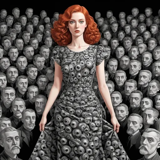 Prompt: Grapgic novel style , digital vector style,  A redheaded woman in a dress completely made of eyes ,posing on a stage , detailed,  M.c.escher 