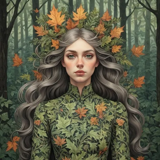 Prompt: M.c.escher style, color, a forest witch , leafs and gras in hair , flowers dress