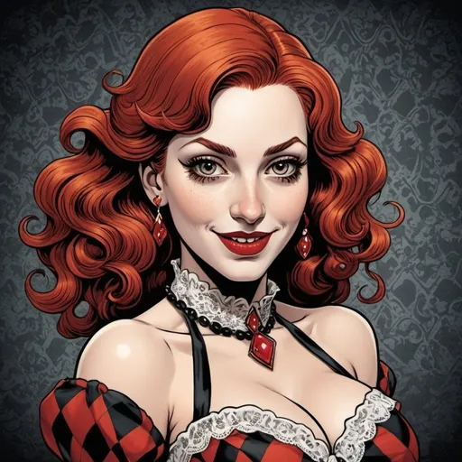 Prompt: will eisner style, graphic novel style, upper body,  belly button, 
vector Art style, comic book style,  colored, redheaded female harlequin wearing barroque lace dress, white harlequin face , diabolic smile,  red lips, M.c.escher 
