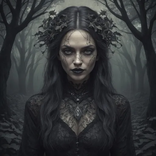 Prompt: M.c.escher style,  Mysterious black image of a 45-year-old forest witch, cracks in face , diabolic smile , pale face , long black fingernails, dark lips ,  leafs in hair , leafs and gras dress , eerie and enigmatic, dark and shadowy, gothic, intricate details, high quality, detailed illustration, dark tones, atmospheric lighting, professional design