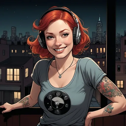 Prompt: Will eisner style, graphic novel style 
,  30-year-old redheaded woman with long eyelashes , eyes closed, dancing , smiling , dark red t-shirt, neclace, tattoo,  wireless headphones , hands on headphones , listening to music ,  livingroom , LPs , face to camera , window , big city , at night , full body , detailed, dark colors, dramatic, graphic novel illustration, Vector Style 