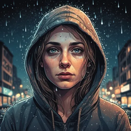 Prompt: graphic novel style,  vector art, colored illustration of a 35-year-old woman, hoodie, raindrops from her nose,  city street , night scene, surreal atmosphere, detailed patterns, high quality, intricate, artistic, surreal, colored, detailed raindrops, intricate patterns, surreal atmosphere