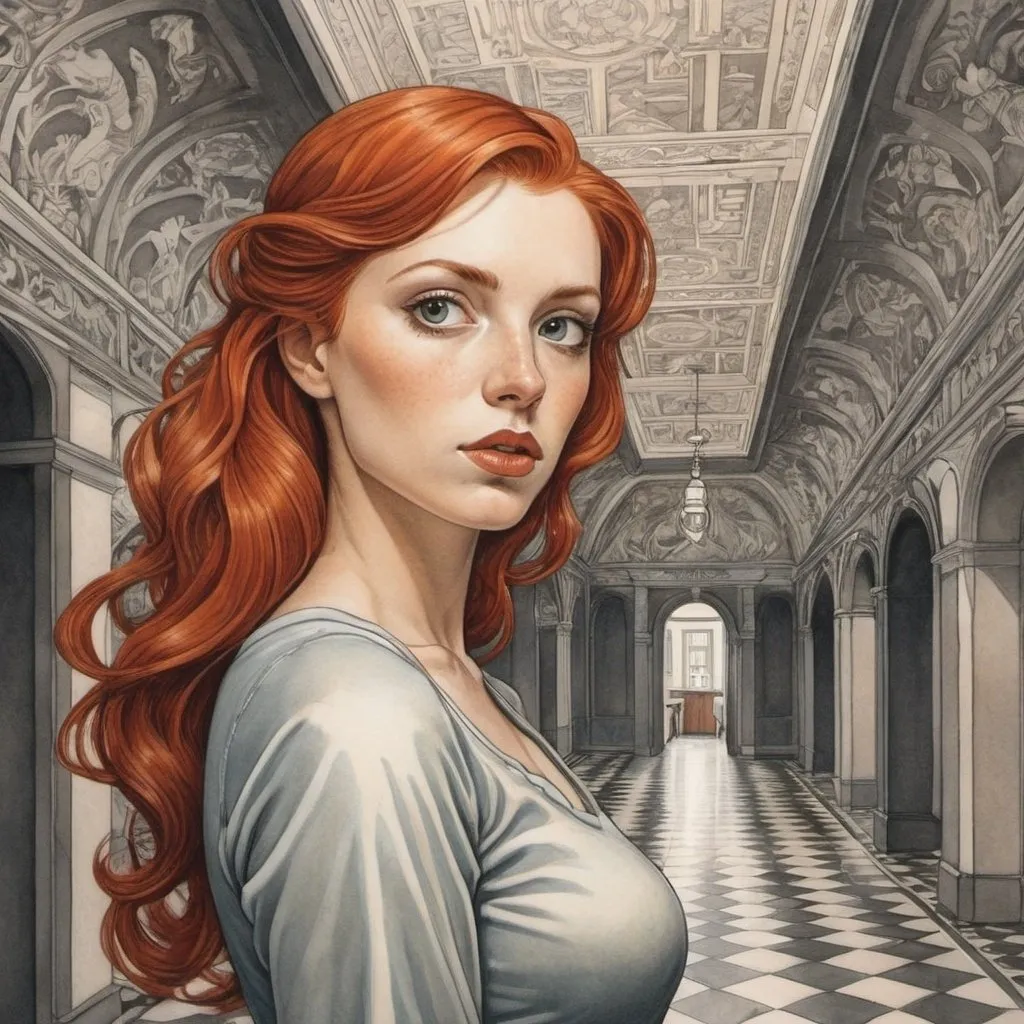 Prompt: M.c.Escher , a beautiful redheaded woman in hall, in the style of milo manara 